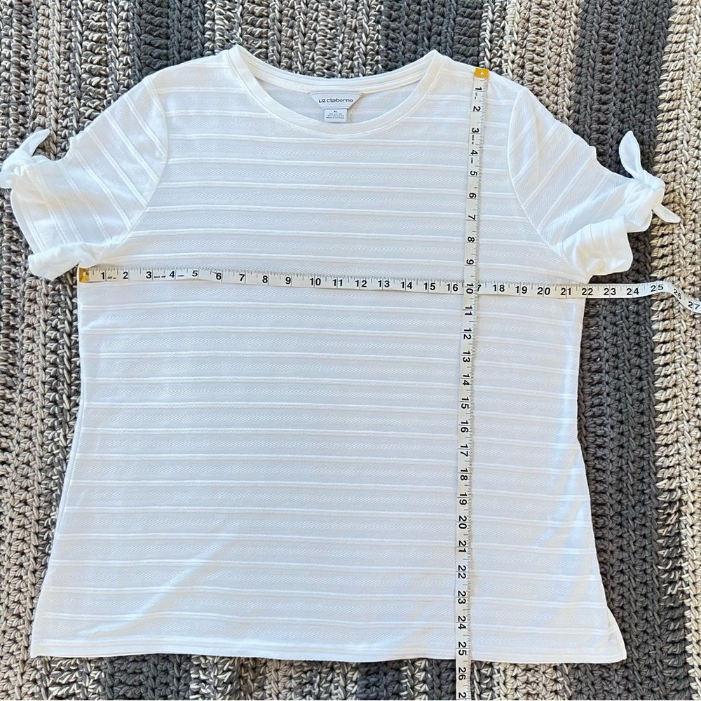 Liz Claiborne Crisp White Cotton Tie Sleeve Ribbed Blouse Top Size Large - Picture 11 of 14